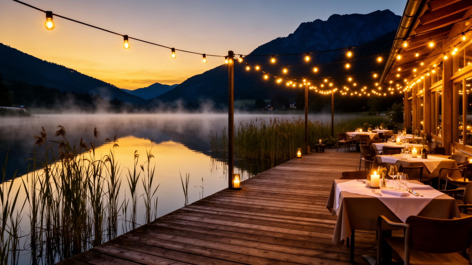 Ozeanwirt Terrasse am Ozeanteich bei Abendstimmung